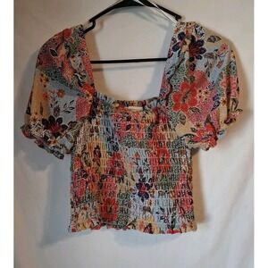 Monteau Los Angeles Multicolored Floral Smocked Puff-sleeve Top Size Medium M